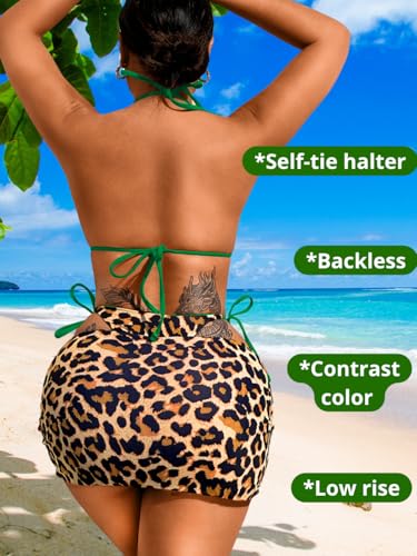 Image of ShawGobow Womens 3 Piece Leopard Bikini Set,Triangle String High Cut Thong Sexy Swimsuit & Coverup Skirt,Pool Party Outfit