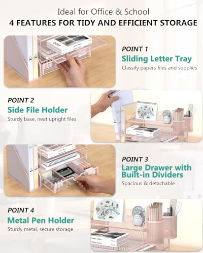 Image of WALI Desk File Organizer, 4 Tier Desktop Paper Letter Tray Organizer with Drawer and 2 Pen Holders, Office Desk Accessories & Workspace Organizers for Office, Home Supplies(DO005DH-P), 1 Pack, Pink