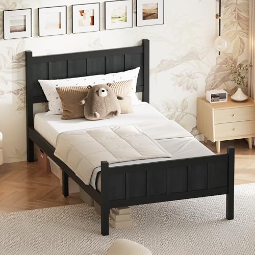 Image of Twin Size Vintage Bed Frame with Headboard, Farmhouse Wooden Platform Bed with Under-Bed Storage, Minimalist Modern Wood Grain Finish Bedframe for Bedroom (Black)