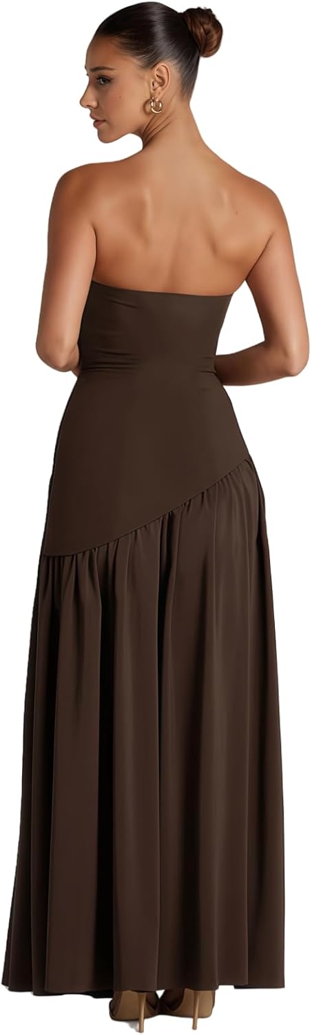 ZGMYC Women’s Elegant Strapless Bridesmaid Dress with Scarf Sexy High Slit Pleated Maxi Dress Flowy Cocktail Dresses - Image 4