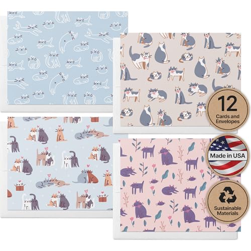 Image of Twigs Paper Note Cards - 12 Assorted Cat Pattern Designs with Envelopes - Made in the USA - Eco-Friendly Blank Cards for Everyday Correspondence - 5.5 x 4.25 Inches