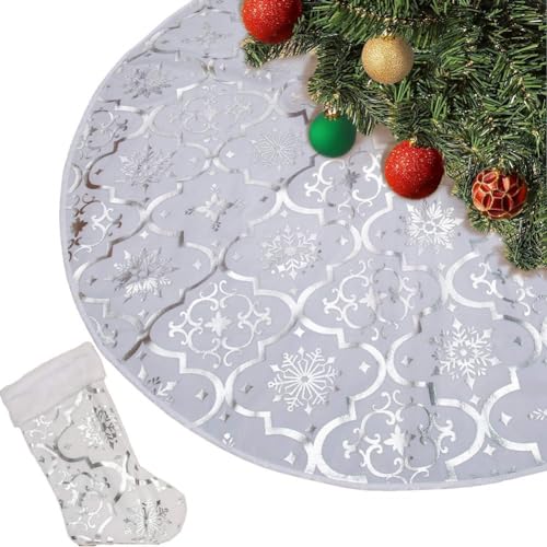 Bakkeny 48 faldas para árbol de Navidad, alfombra de cubierta suave, decoración, cuello de copo de nieve, falda de árbol de granja, plata, duradera, fácil instalación, fácil de usar