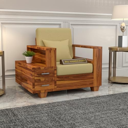Image of Solid Sheesham Wood Single Seater Sofa with Drawer Storage - Elegant Wooden Sofa | Single Person Sofa Set for Your Living Room (Design 22)