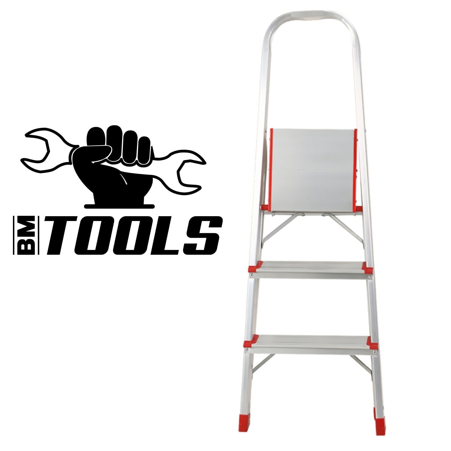 Escabeau à 3 marches BM TOOLS BMT-ESC3-ALU - Haut. de Travail : 59 cm - Prend Peu de Place et se Range Facilement - en Aluminium