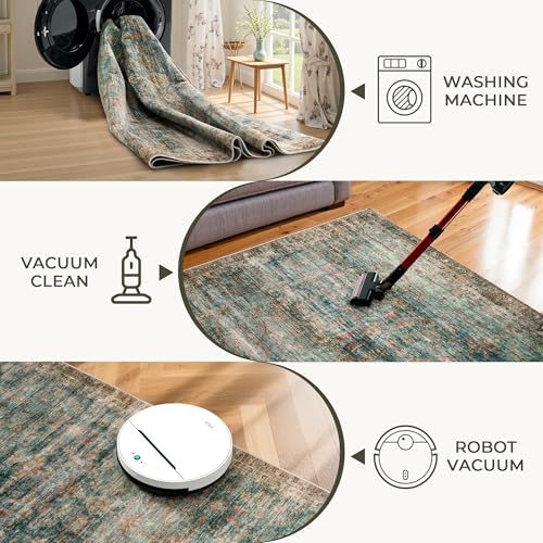 Image of AMERLIFE 5'x8' Area Rug, Machine Washable Vintage Area Rug- Soft Carpet with Non-Slip Backing for Living Room, Bedroom, Nursery- Blue