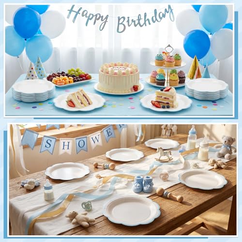 Image of NatNarr 30 Pcs Blue and White Paper Plates 7 Inch Plates with Blue Trim | Scalloped Cute Plate Dessert Cake Plate Disposable for Summer Pool Party, Baby Shower, Wedding, Bridal Shower, Birthday