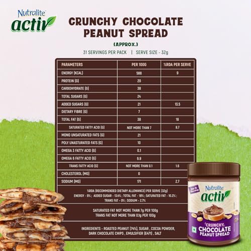 Image of Nutralite Activ Peanut Butter Chocolate Crunchy | 1kg Jar | 20g Protein per 100g | High Dietary Fibre | Dark Choco Chips | Zero Trans-Fat | No Gluten | No Hydrogenated Oil | No Preservatives