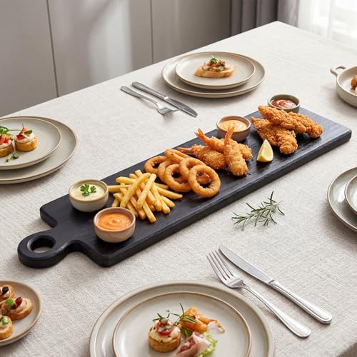 Image of 1 Pcs Acacia Wood Cutting Board with Handle 23.8 x 5.5'' Rectangular Shaped Charcuterie Chopping Board for Pizza Cheese Meat Decorative Black Wooden Serving Tray for Kitchen and Dining Room