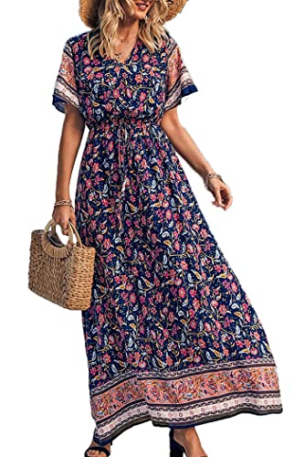 Image of PRETTYGARDEN Women's Casual Summer Boho Floral Print Dress V Neck Short Sleeve High Waist Long Maxi Beach Dresses