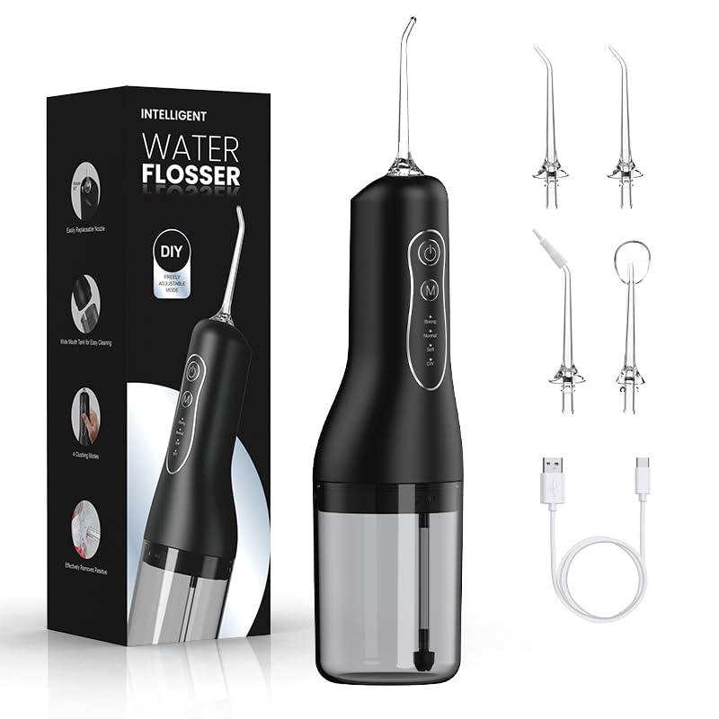 PQETBV Irrigador Dental Portatil, Irrigador Dental Inalámbrico Profesional 4 Boquillas 4 Modos, USB Recargable Para Limpieza de Dientes, IPX6 Impermeable 260ML, Para Hogar y Viajes (Negro)