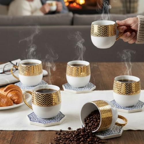 Image of Clay Craft Fine Ceramic Tea & Coffee Cups Set of 6| 200 Ml Designer Cups with Gold Handle & Elegant Pattern | Ideal for Home| Guests & Gifting