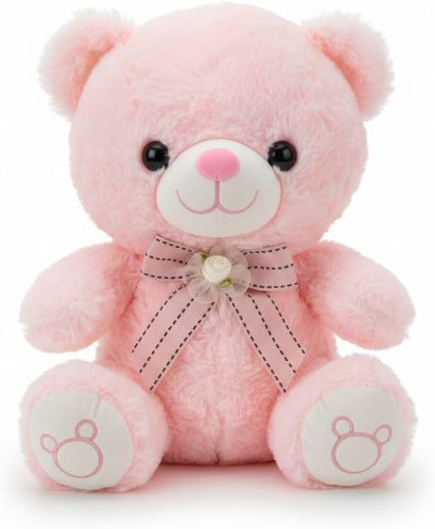 Pink Plush Teddy Bear with Ribbon Bow, Soft Stuffed Animal Toy, Cute Sitting Bear, 25 cm