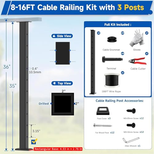 Image of 36 inch 8-16FT Swageless Modular Black Cable Railing System Post Kit with 3 Level Posts, T304 Stainless Steel, Patent Reusable Cable Railing Kit, Upgraded Powder Coated for Outdoor Decks
