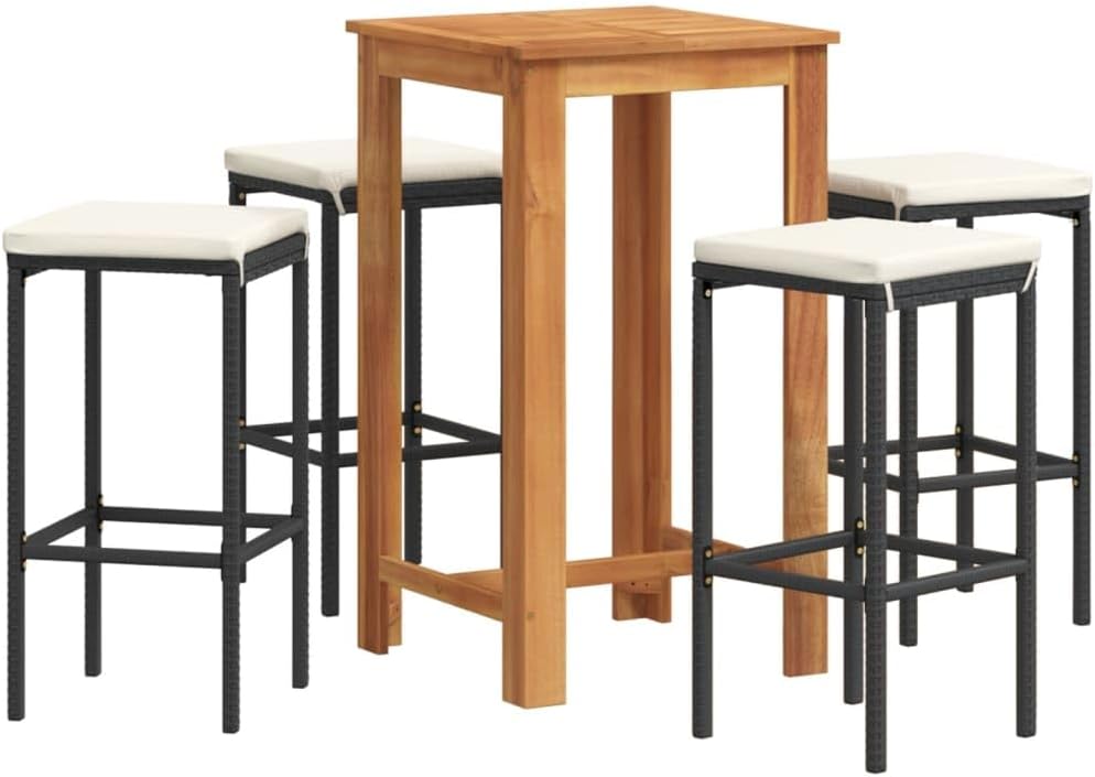 5-Piece Garden Bar Set Black Acacia Wood Square 23.6 in Table & 4 Stools Powder-Coated Metal Frame Weather-Friendly Cushions Outdoor Patio Bistro Set for Backyard Balcony Deck