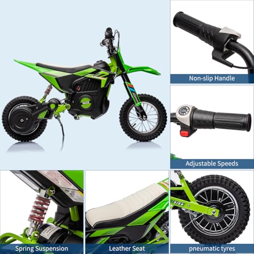 Image of Garvee 24V Kids Electric Off-Road Motorcycle, Ride on 250W Motor 13.6MPH | Fast Speed Dirt Bike, Leather Seat, Twist Grip Throttle, Metal Suspension, Air-Filled Tires for Kids Teens Riding Toy, Green