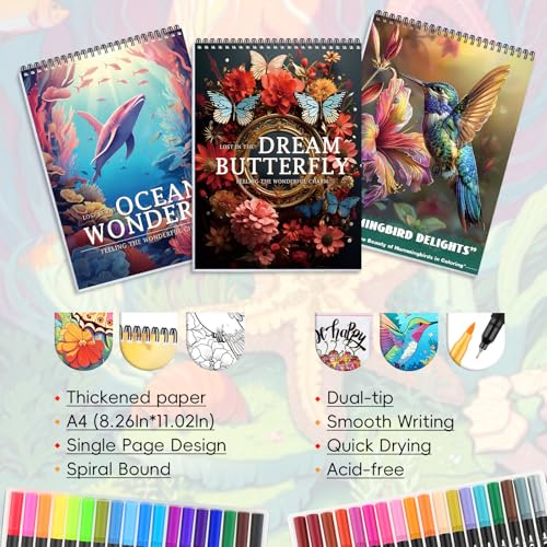 Image of 3Pcs Adult Coloring Book for Women Relaxation, 36 Colors Markers with Spiral Bound Adult Coloring Book for Women, 36 Dual Tip Colors Markers, Anxiety Relief Mindfulness Gifts(Ocean & Bird & Butterfly)
