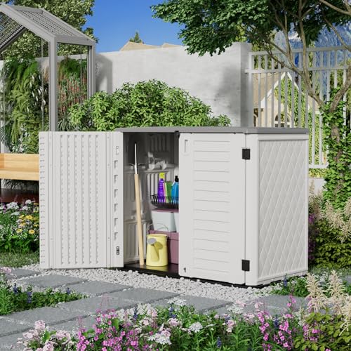 Image of Mrosaa Outdoor Patio Storage Shed,Waterproof Horizontal Outdoor Storage Cabinet for Garbage Cans,Tools and Lawnmower Lockable(34 Cu.ft-Warm-White)