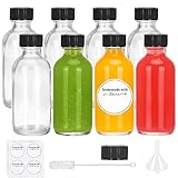 CUCUMI 8pcs Glass Bottles with Caps, 2oz Small Glass Juice Bottles, Shot Bottles with Caps, Small Glass Jars with Lids, Funnels, Waterproof Stickers and Brush