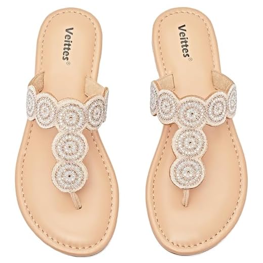 Veittes Sandálias Femininas Rasteiras - Sapatos Confortáveis De Verão Com Tiras Em T E Brilho, Estilo Boêmio E Moderno. (2307006, Gd/Mf, 8)