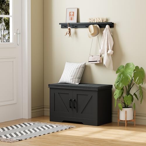 Image of HOMSHO Farmhouse Shoe Storage Bench with 2 Barn Doors & Padded Seat Cushion | 27.6 inch Wide Entryway Bench with Adjustable Shelves & Hidden Storage, Black