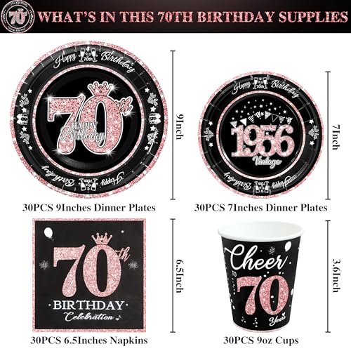 Image of 70th Birthday Decorations Rose Gold, Service for 30, Vintage 70th Birthday Party Supplies Includes Rose Gold 1956 Plates, Napkins,Cups, Plates and Napkins for Women
