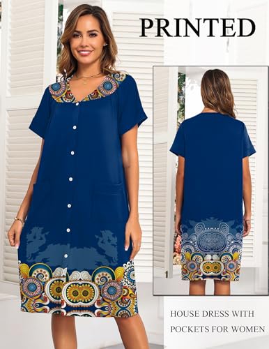 Image of Ekouaer House Dresses for Women with Pockets Button Down Nightgowns Plus Size Moo Moos Mumu Dresses Floral Print S-3XL