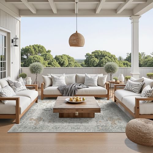 GENIMO 4x6 Outdoor Rug, Washable for Porch and Patio, Light Brown Grey