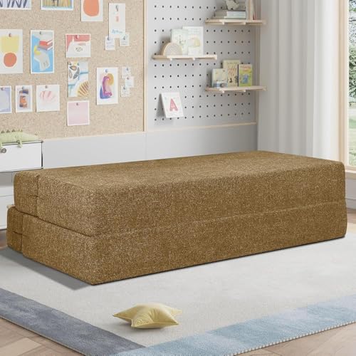 Image of Rosebell One Seater Sofa Cum Bed | Jute Fabric Washable Cover | with Cushions Perfect for Guest | Golden-Color | 3' X 6' Feet