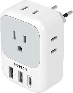 European Travel Plug Adapter, TESSAN International Plug Adapter with 4 AC Outlets 3 USB Ports (1 USB C Port), Type C Power Adaptor Charger for US to Most of Europe Iceland Spain Italy France Germany