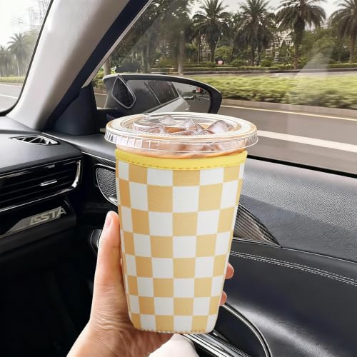 Image of Reusable Insulated Neoprene Iced Coffee Cup Sleeve, Durable Drink Sleeve for Cold Beverages, Beverage Holder for Iced Coffee (Yellow Checkers)