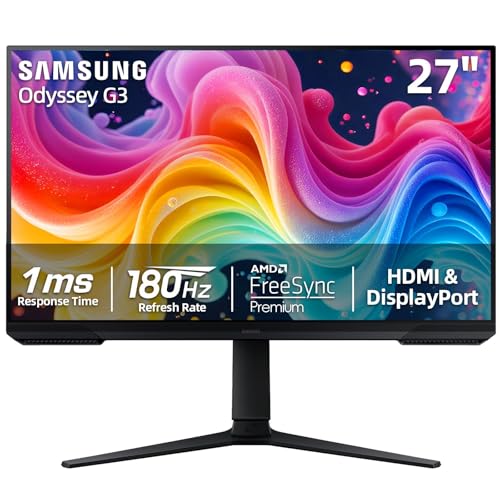 Samsung 27 inch FHD Gaming Monitor, Odyssey G3 Series, 180Hz, 1ms, AMD FreeSync, Black Equalizer, Virtual Aim Point, Flicker-Free, Game Mode, HDMI & DisplayPort, Tilt/Height/Swivel Adjustment, Black