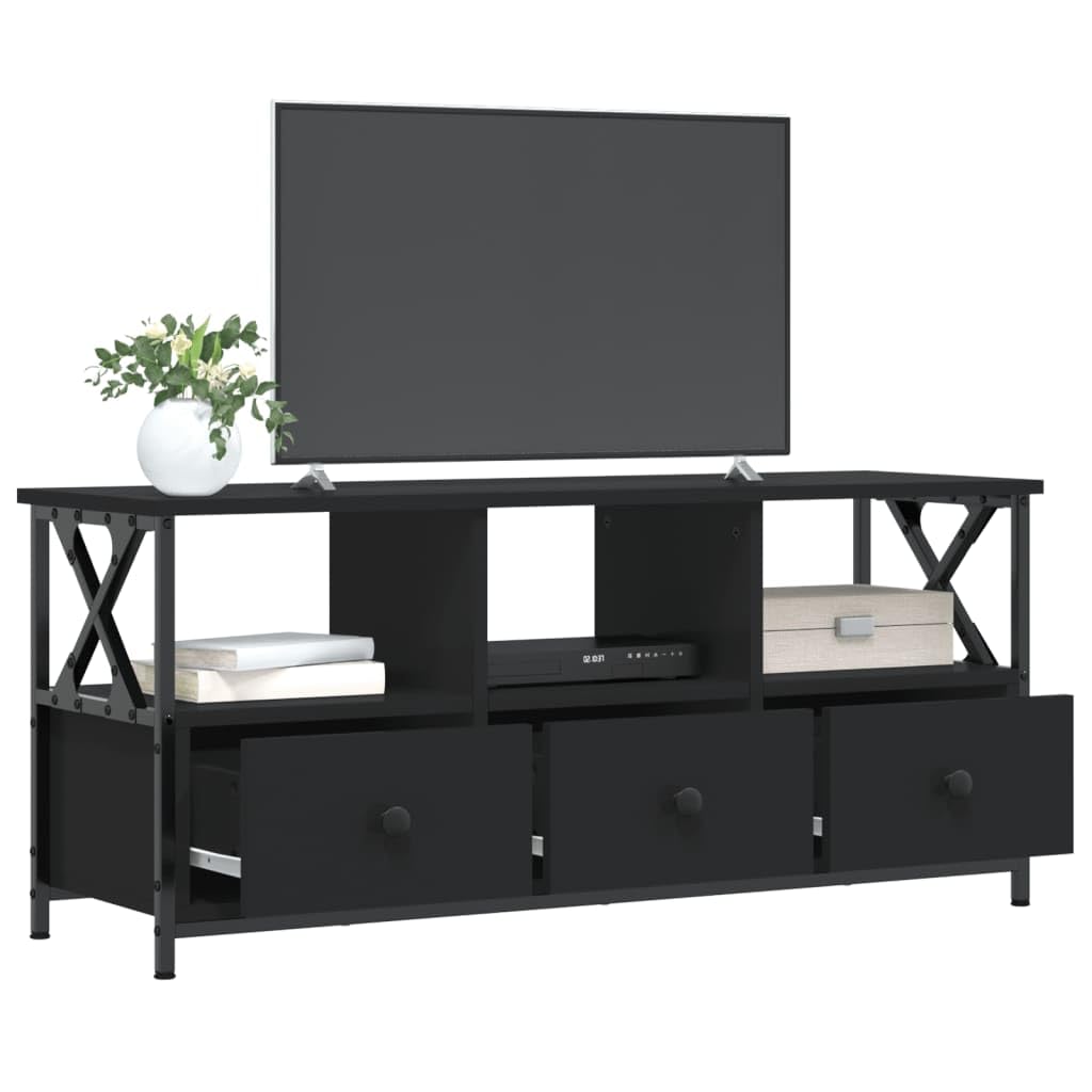 TV Schrank Schwarz 102 x 33 x 45 cm Industrial Lowboard aus Holzwerkstoff und Eisen mit 3 Schubladen für Wohnzimmer und Flur