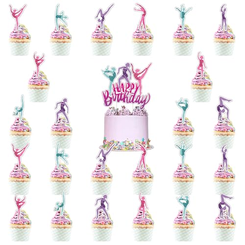 Gymnastik Decoracion Tarta, 25 Piezas Glitter Gimnasia Cupcake Toppers, Niñas Gimnasia Cake Toppers, Gimnasia Cumpleaños Decoraciones Fiestas, para Gimnasia Temáticos Cumpleaños Fiestas