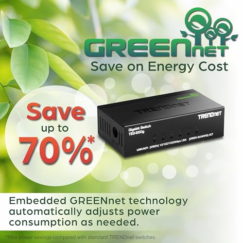 Image of TRENDnet 5 Port Mini Gigabit Switch, TEG-S50g, GREENnet Technology, NDAA + TAA Compliant, Desktop Metal Ethernet Network Switch, 5 x Gigabit Ports, Fanless, Lifetime Protection, Black