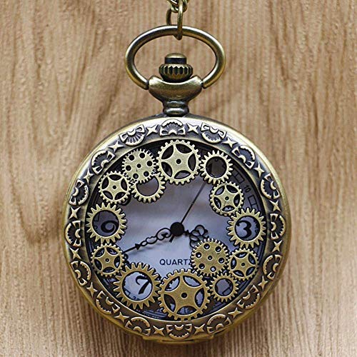 J-Love Antique Copper Steampunk Quartz Pocket Watch Vintage Bronze Gear Hollow Necklace Pendant Clock with Chain Men's Women Gifts