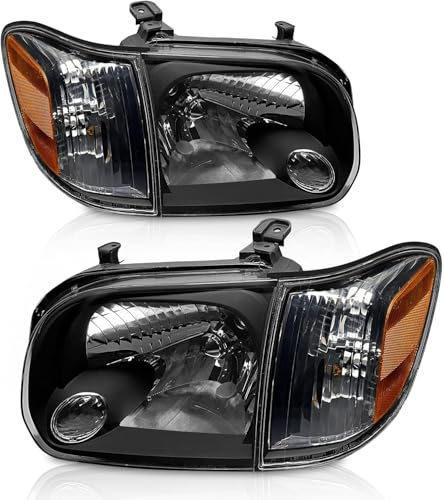AS Headlight Assembly Compatible with 2005 2006 2007 Toyota Sequoia /2005 2006 Toyota Tundra Clear Lens Black Housing with Amber Reflector Left and Right Pair