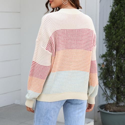 Women's Colorful Stripe Sweater 2023 Fall Long Sleeve Crew Neck Color Block Casual Knitted Pullover Tops3
