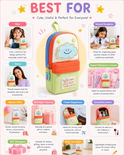 Image of Kawaii Cute Aesthetic Pencil Case for Students | Large Capacity Multi-Pocket Pencil Pouch with Zipper | Cartoon Stationery Organizer Bag for School, College & Office Supplies (Good Time - Green)