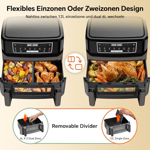 Heißluftfritteuse 12L | Air Fryer XXL Variabel für Einzel und Zweikammer, 2600W Doppel-Heizelement Separate Temper mit Sichtfenster und Innenlicht, Airfryer Doppelkammer 8-in-1 Touch-Steuerung Rezept 2