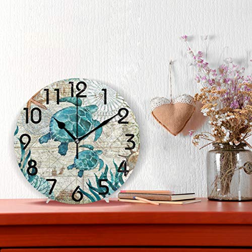 Naanle Vintage Nautical Sea Turtles Starfish Old Map Round Wall Clock, 9.5 Inch Battery Operated Quartz Analog Quiet Desk Clock For Home,Office,School #TOP1