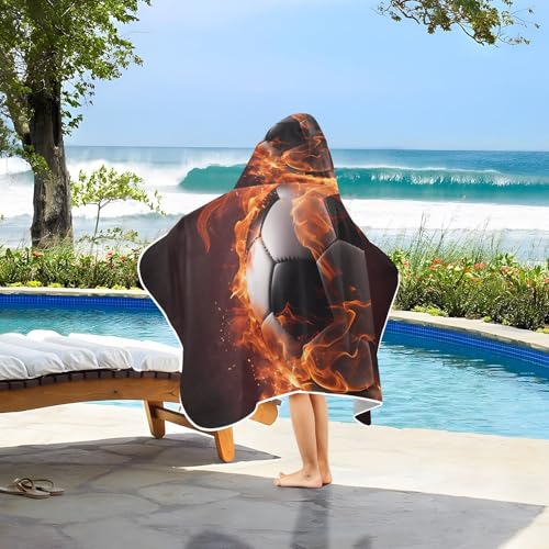 Image of Soccer Sport Fire Hooded Beach Towel for Kids, Kids Bath Hooded Towels for Boys Girls, Super Soft Absorbent Bathrobe with Hood for Swin Pool 50 inchx23.5 inch