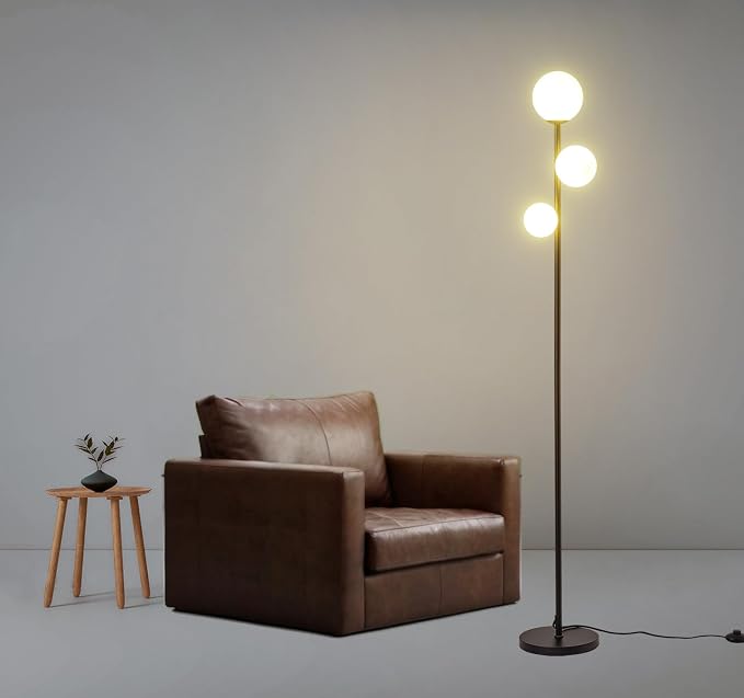 Fiqevs Upgraded Dimmable 3 Globe Floor Lamp, 1000 Lumens LED Bulbs Included, Mid Century Floor Lamp for Living Room, Modern Standing Lamp with Orb Glass Shade, Tall Lamp for Bedroom Office - Black