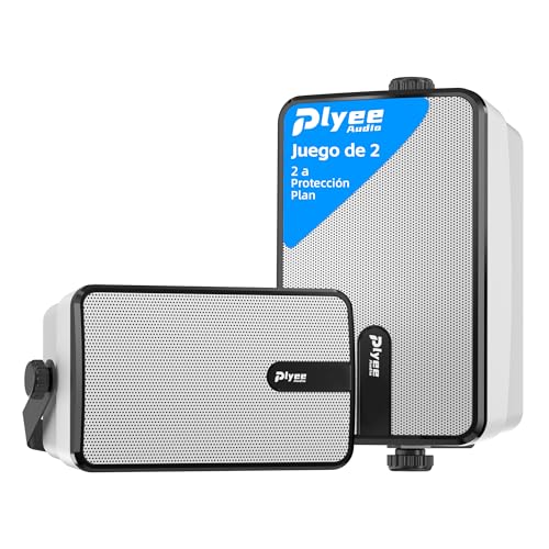 Plyee Audio 250W Altavoces Bluetooth para Exteriores, Sincronización Inalámbrica Entre Altavoces, Montaje en Pared para Patio, Porche, Cenador, Garaje, Paquete de 2 (MZ-632)