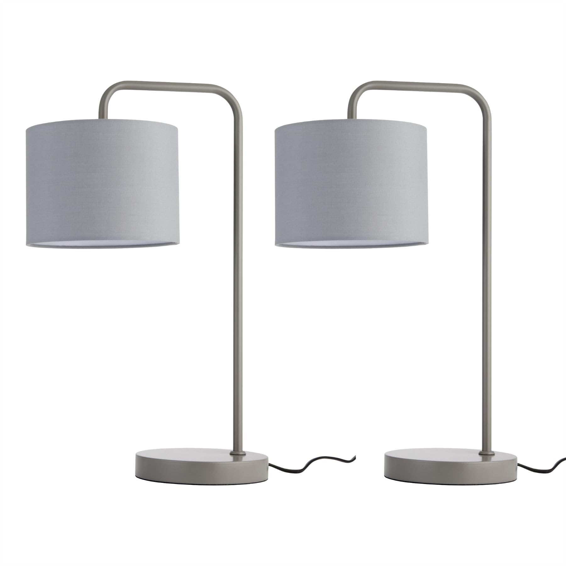 Firstchoicelighting Black & Grey Set Of 2 Modern Arched Table Lamp Or Bedside Lights, Charcoal Grey With Fabric Shade, 48Cm Height, Led Compatible.