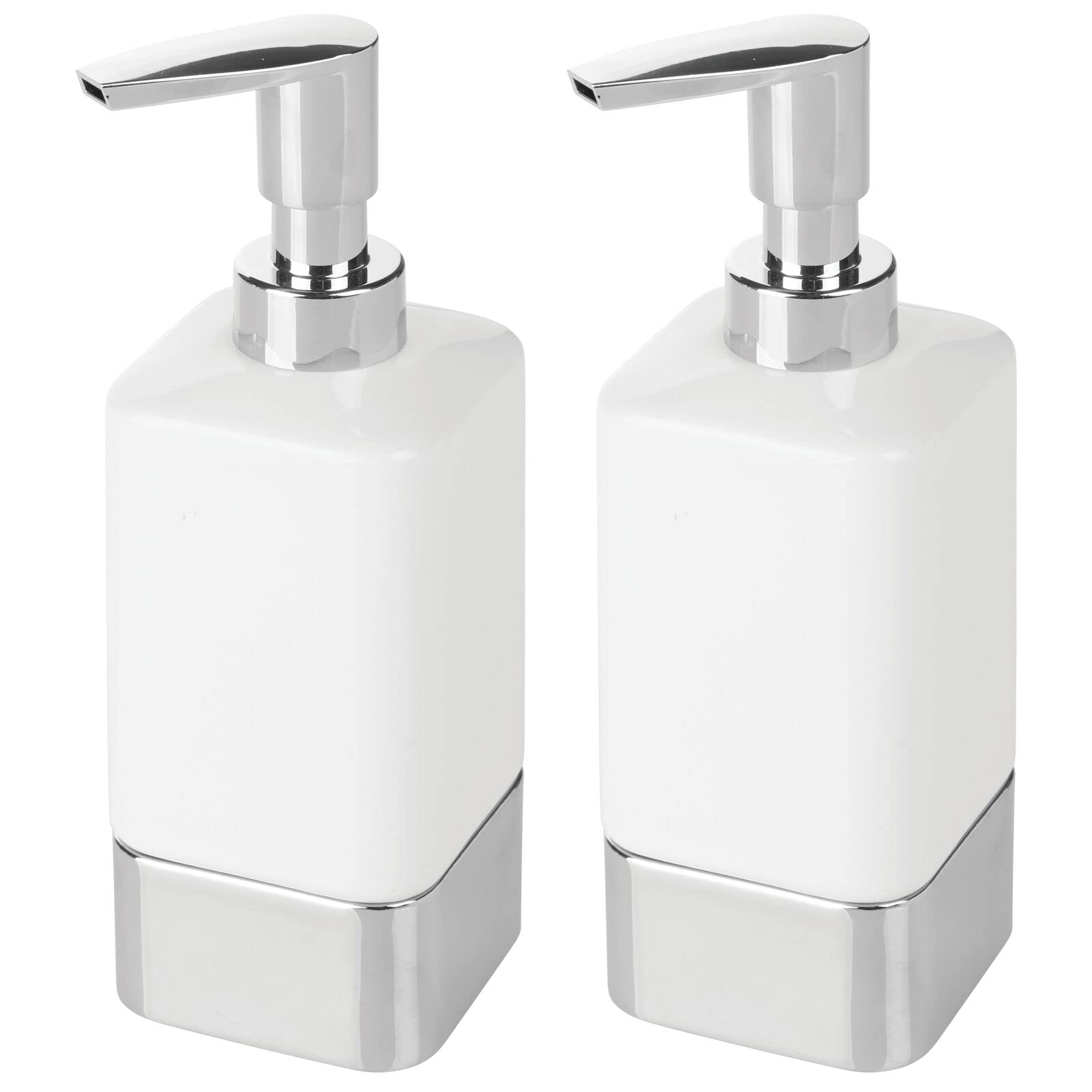 mDesign Set of 2 Refillable Square Ceramic Soap Dispenser - Stylish White and Silver - Ideal for Soap, Hand Lotion or Oils - Kitchen & Bathroom Accessories