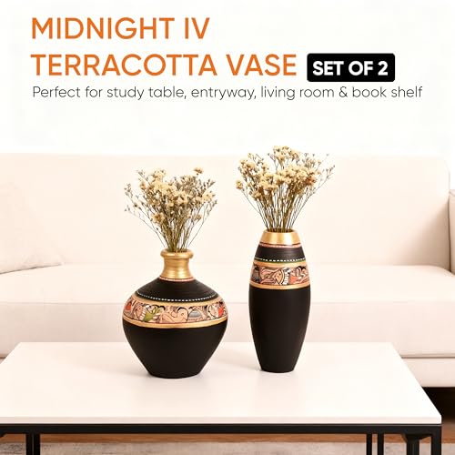 Image of Aakriti Art Creations Vase Earthen Black Madhubani Set of 2 | Hand-Painted Terracotta Flower Vases | Matte Finish Decorative Vases for Living Room, Table Decor & Gifting
