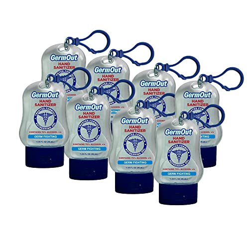 GERM OUT HAND SANITIZER by FLEX BEAUTY LABS 1.35 FL Oz Travel Size Flip-Cap Bottle with Plastic Clip (Pack of 8), Great for Everyday use, Back to School and Travel. ITEM 875241 Active Alcohol 70% VV