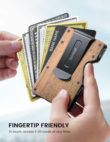 Image of Lamicall Minimalist Metal Wallet for Men - [Mechanical Hinges] | [15-20 Cards] Capacity Slim Wallets, Credit Card Holder, Money Clip & Cash Strap, RFID, Gifts for Men Dad, Metal Wooden Brown