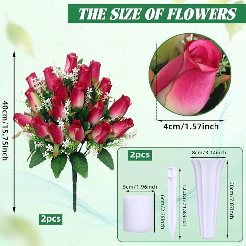 Artificial Cemetery Flowers for Grave,2Pack Memorial Roses Bouquets with Vase for Grave Tombstone Decorations (2, Rose Red) image 4