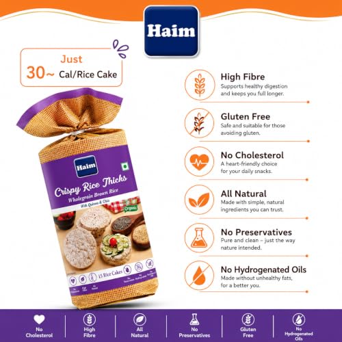 Image of HAIM Organic Crispy Rice Thick Wholegrain Brown Rice Cake With Quinoa & Chia Seeds | Gluten-Free Snack | Wholegrains | Healthy Snack (Pack of 1)